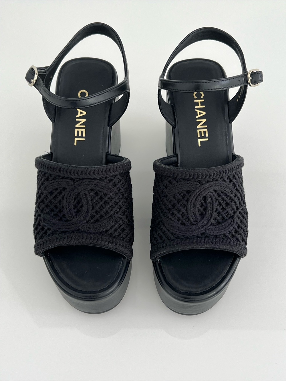 CHANEL 25P BLACK WEDGE SANDALS SIZE FR 38 / US 8 NIB! - Picture 7 of 17